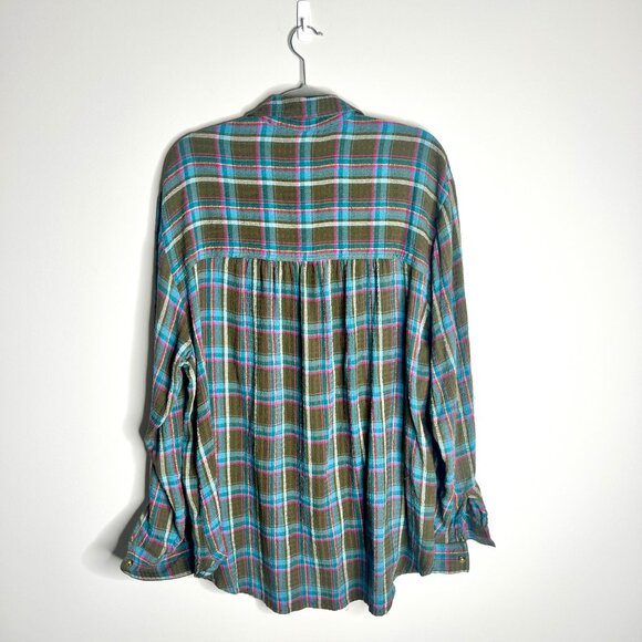 Anthropologie Pilcro Seamed Green Plaid Tunic Oversized Button Down Flowy Sz XL - Picture 6 of 6